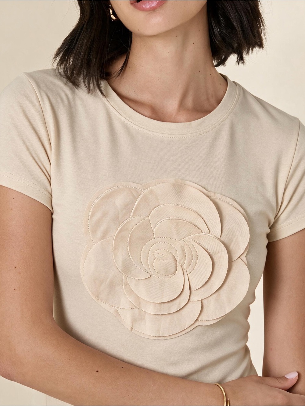 Chanel White Camellia 3D Patchwork Cotton T-Shirt